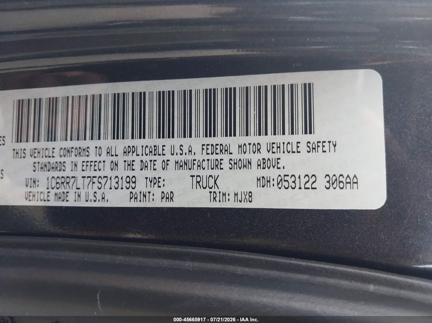2015 Ram 1500 Outdoorsman VIN: 1C6RR7LT7FS713199 Lot: 45665917