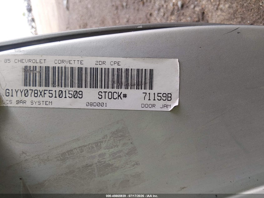 1985 Chevrolet Corvette VIN: 1G1YY078XF5101509 Lot: 45665939