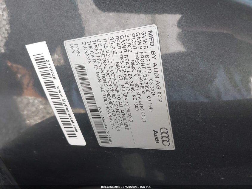 2012 Audi Q7 3.0 Tdi Premium VIN: WA1LMAFE4CD007499 Lot: 45665956
