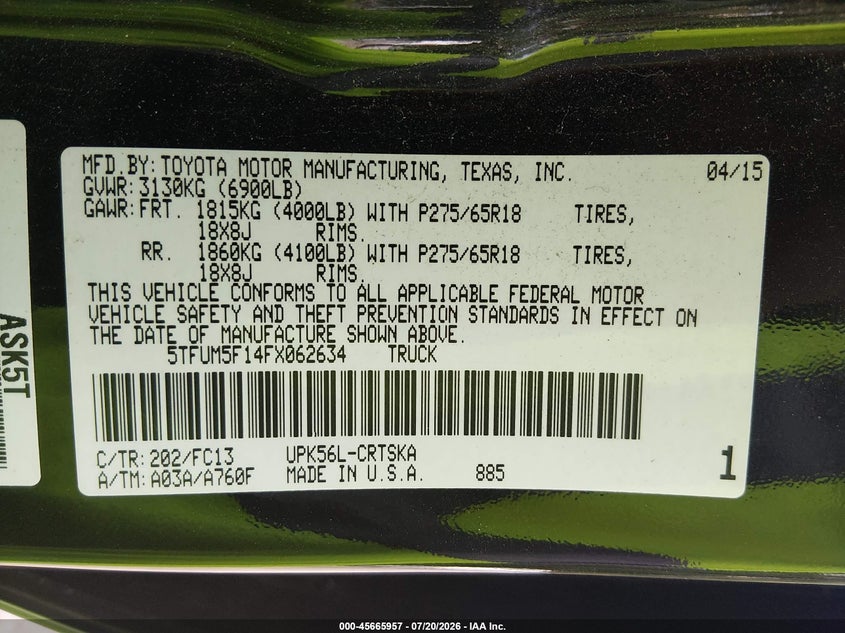 2015 Toyota Tundra Sr5 4.6L V8 VIN: 5TFUM5F14FX062634 Lot: 45665957