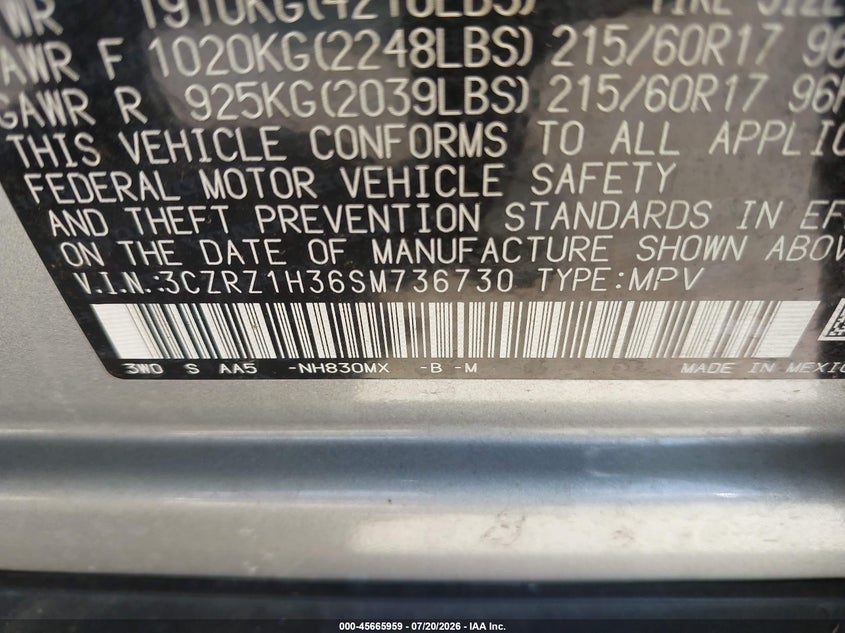 2025 Honda Hr-V 2Wd Lx VIN: 3CZRZ1H36SM736730 Lot: 45665959