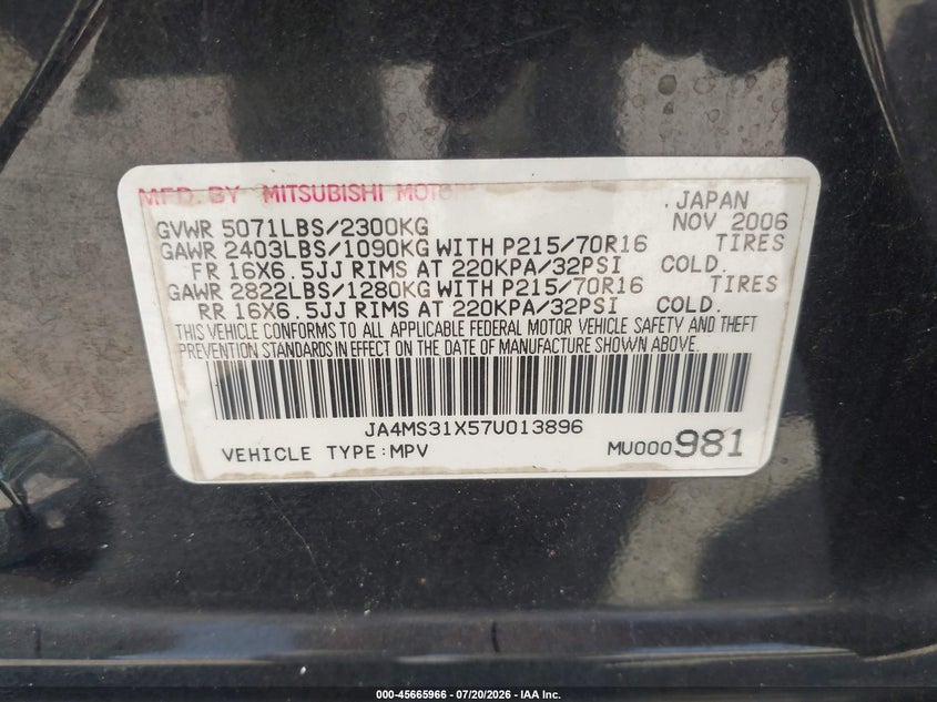2007 Mitsubishi Outlander Es/Ls VIN: JA4MS31X57U013896 Lot: 45665966