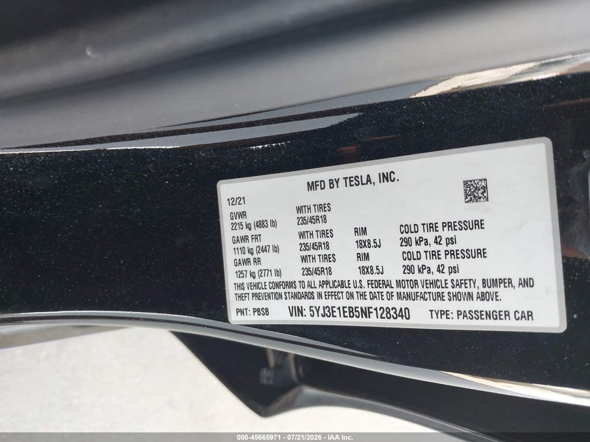 2022 Tesla Model 3 Long Range Dual Motor All-Wheel Drive VIN: 5YJ3E1EB5NF128340 Lot: 45665971