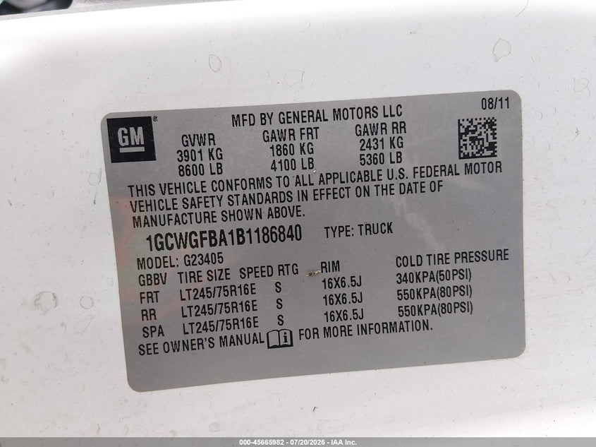 2011 Chevrolet Express 2500 Work Van VIN: 1GCWGFBA1B1186840 Lot: 45665982