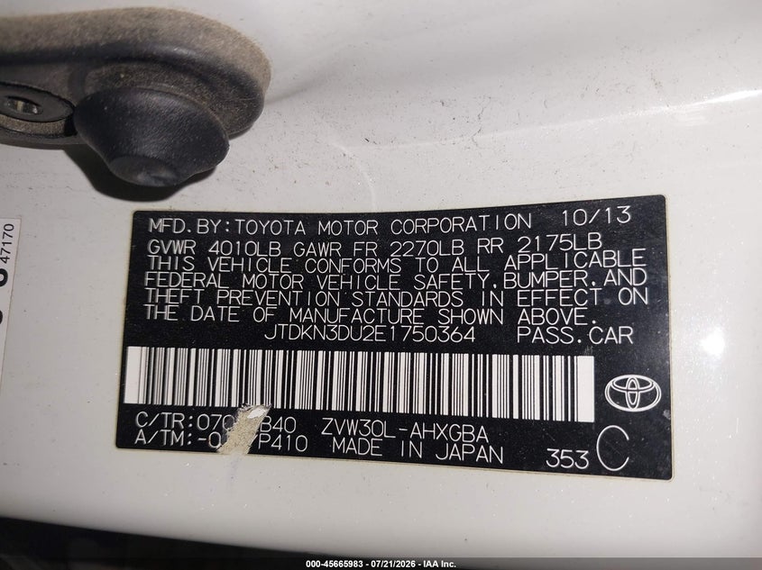 2014 Toyota Prius Four VIN: JTDKN3DU2E1750364 Lot: 45665983