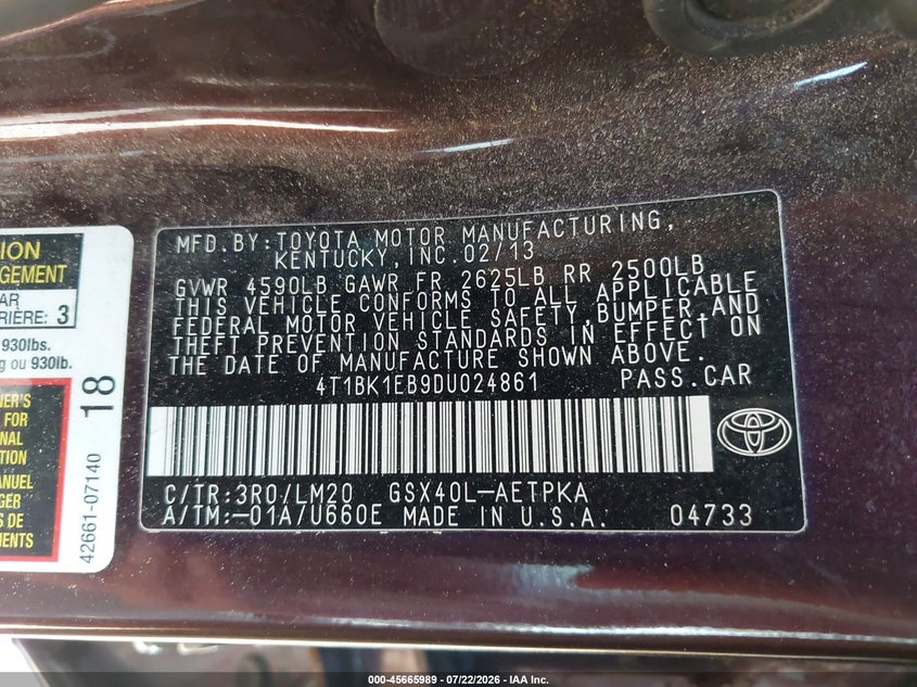 2013 TOYOTA AVALON SEDAN 3.5L V-6 DOHC, VVT, 268HP