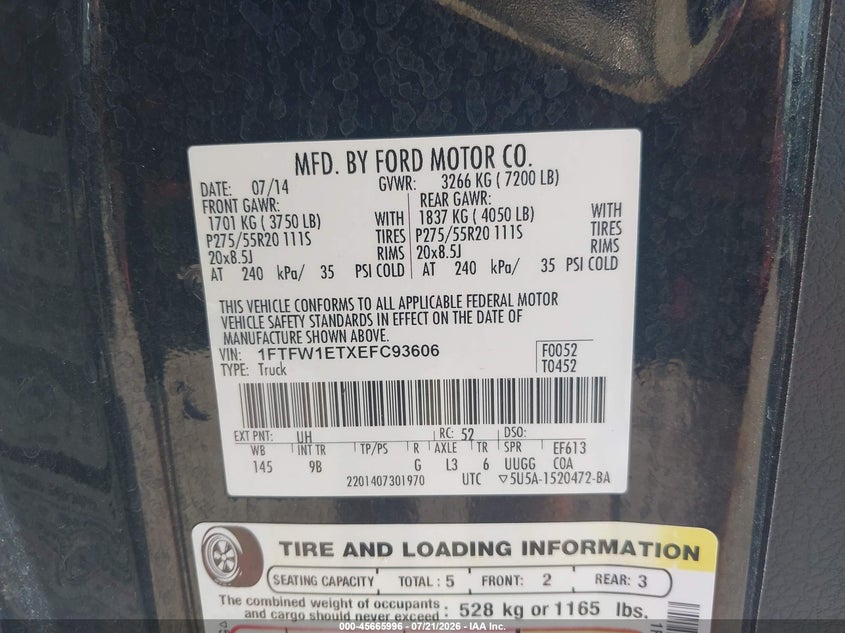 2014 Ford F-150 Platinum VIN: 1FTFW1ETXEFC93606 Lot: 45665996