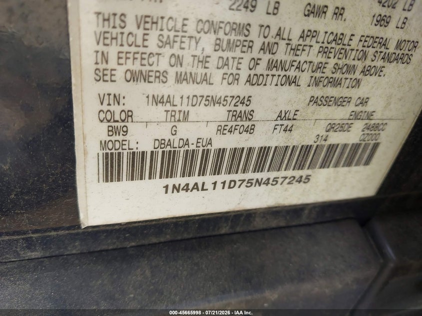 2005 Nissan Altima 2.5 S VIN: 1N4AL11D75N457245 Lot: 45665998