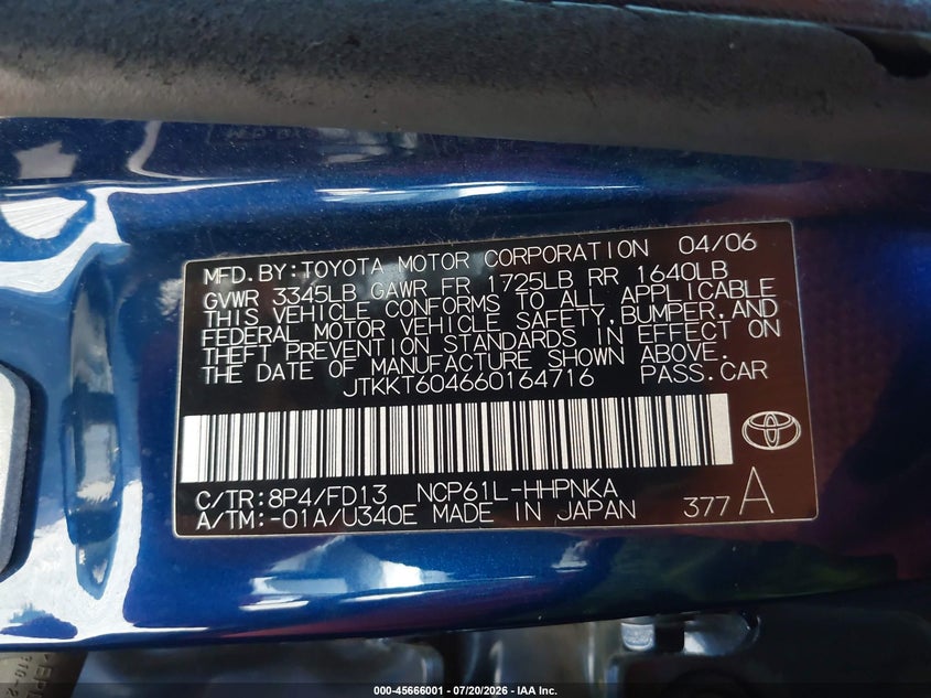 2006 Scion Xa VIN: JTKKT604660164716 Lot: 45666001