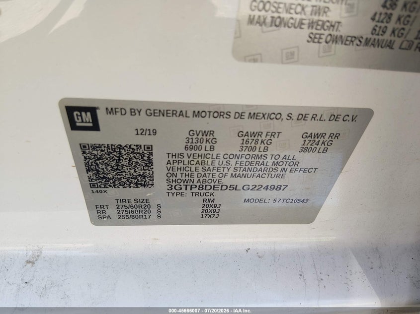 2020 GMC Sierra 1500 2Wd Short Box Slt VIN: 3GTP8DED5LG224987 Lot: 45666007