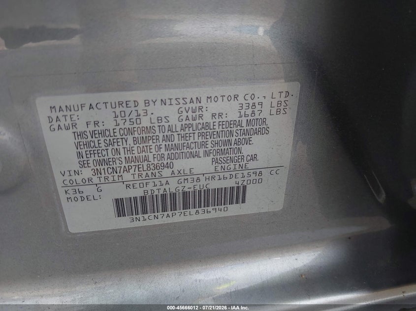 2014 Nissan Versa 1.6 Sl VIN: 3N1CN7AP7EL836940 Lot: 45666012