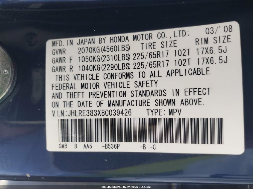 2008 Honda Cr-V Lx VIN: JHLRE383X8C039426 Lot: 45666025