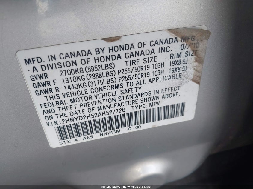 2010 Acura Mdx Advance Package VIN: 2HNYD2H52AH527726 Lot: 45666027
