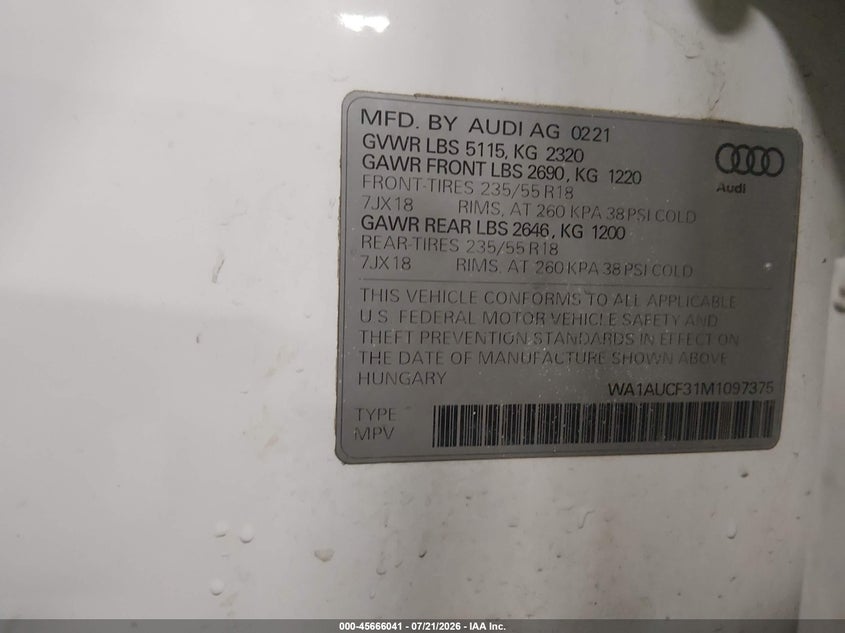 2021 Audi Q3 Premium 40 Tfsi Quattro Tiptronic VIN: WA1AUCF31M1097375 Lot: 45666041