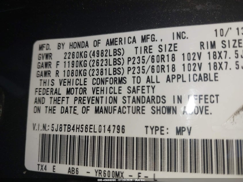 2014 Acura Rdx VIN: 5J8TB4H56EL014796 Lot: 45666066