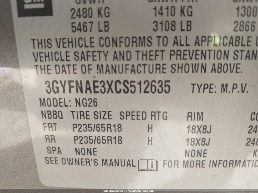 2012 Cadillac Srx Luxury Collection VIN: 3GYFNAE3XCS512635 Lot: 45666073