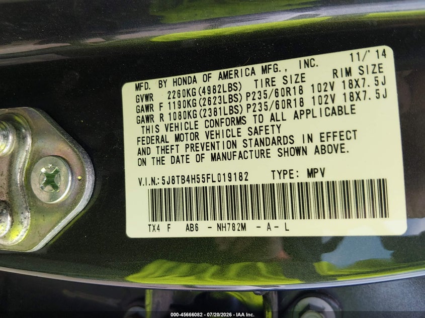 2015 Acura Rdx VIN: 5J8TB4H55FL019182 Lot: 45666082