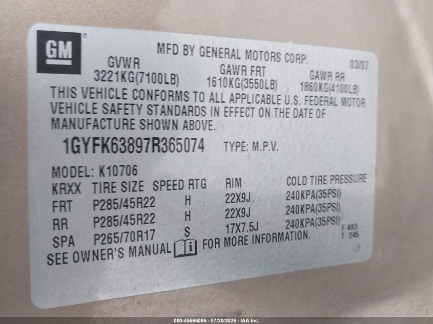 2007 Cadillac Escalade VIN: 1GYFK63897R365074 Lot: 45666086