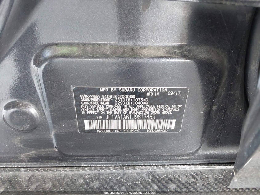 2018 Subaru Wrx VIN: JF1VA1A61J9817489 Lot: 45666091