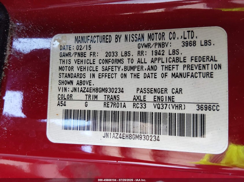 2016 Nissan 370Z VIN: JN1AZ4EH8GM930234 Lot: 45666104