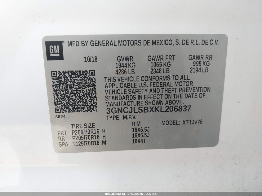 2019 Chevrolet Trax Lt VIN: 3GNCJLSBXKL206837 Lot: 45666113