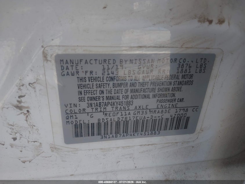 2019 Nissan Sentra Sv VIN: 3N1AB7AP4KY451883 Lot: 45666127