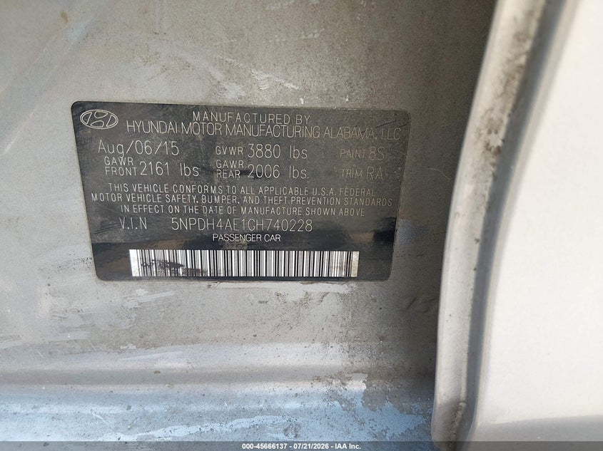2016 Hyundai Elantra Se VIN: 5NPDH4AE1GH740228 Lot: 45666137