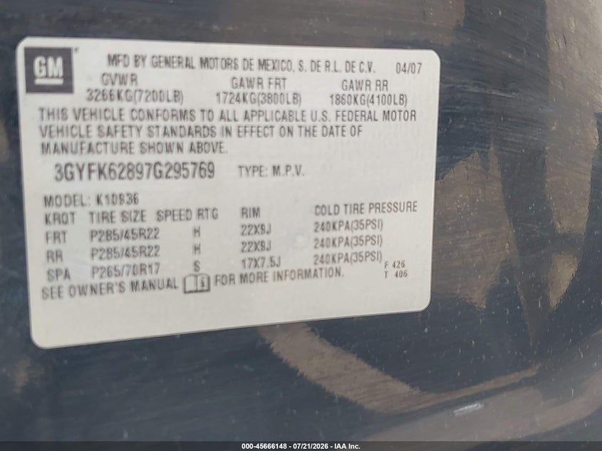 2007 Cadillac Escalade Ext VIN: 3GYFK62897G295769 Lot: 45666148