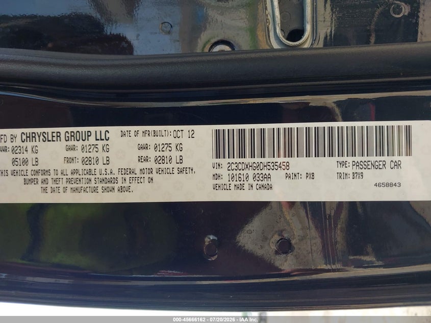 2013 Dodge Charger Sxt VIN: 2C3CDXHG0DH535458 Lot: 45666162