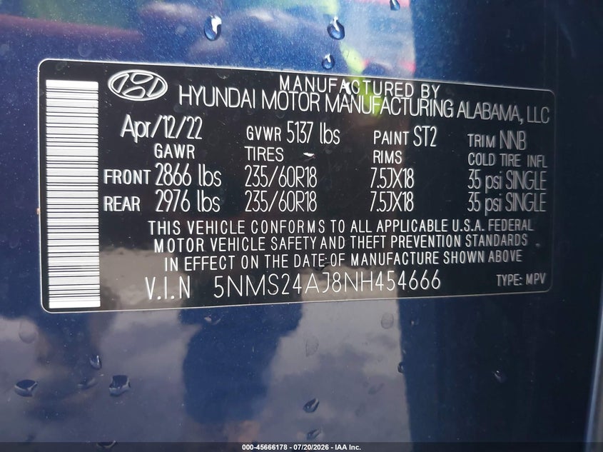 2022 Hyundai Santa Fe Sel VIN: 5NMS24AJ8NH454666 Lot: 45666178