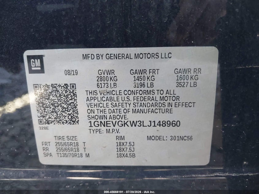 2020 Chevrolet Traverse Awd Lt Cloth VIN: 1GNEVGKW3LJ148960 Lot: 45666191
