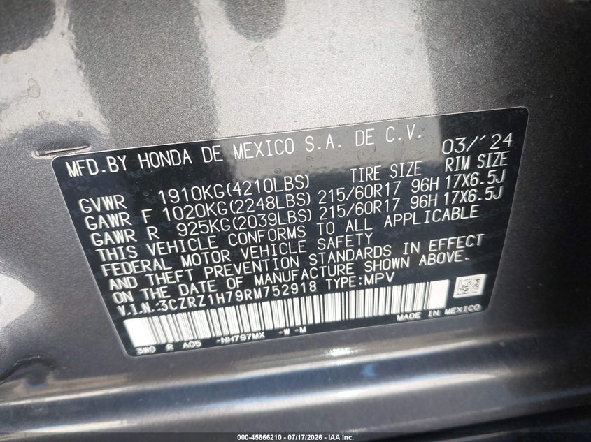 2024 Honda Hr-V 2Wd Ex-L/2Wd Ex-L W/O Bsi VIN: 3CZRZ1H79RM752918 Lot: 45666210