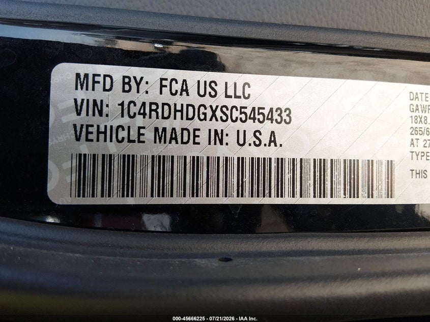 2025 Dodge Durango Gt Rwd VIN: 1C4RDHDGXSC545433 Lot: 45666225