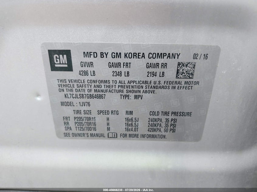 2016 Chevrolet Trax Lt VIN: KL7CJLSB7GB646867 Lot: 45666238
