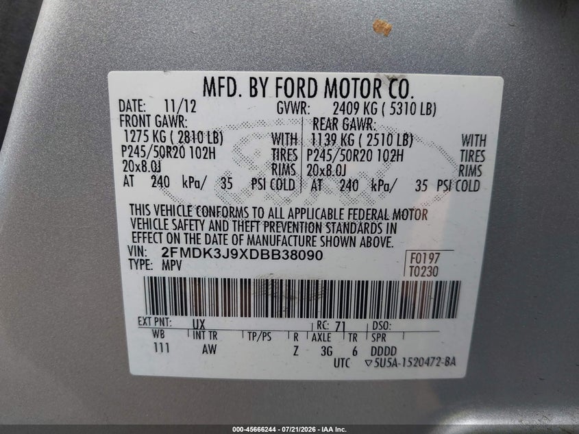 2013 Ford Edge Sel VIN: 2FMDK3J9XDBB38090 Lot: 45666244