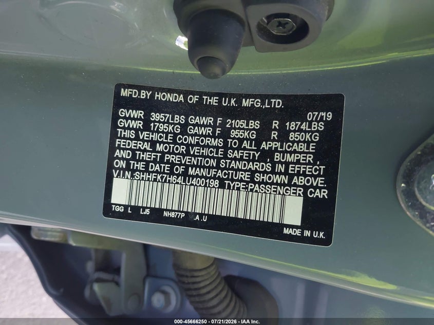 2020 Honda Civic Ex VIN: SHHFK7H64LU400198 Lot: 45666250