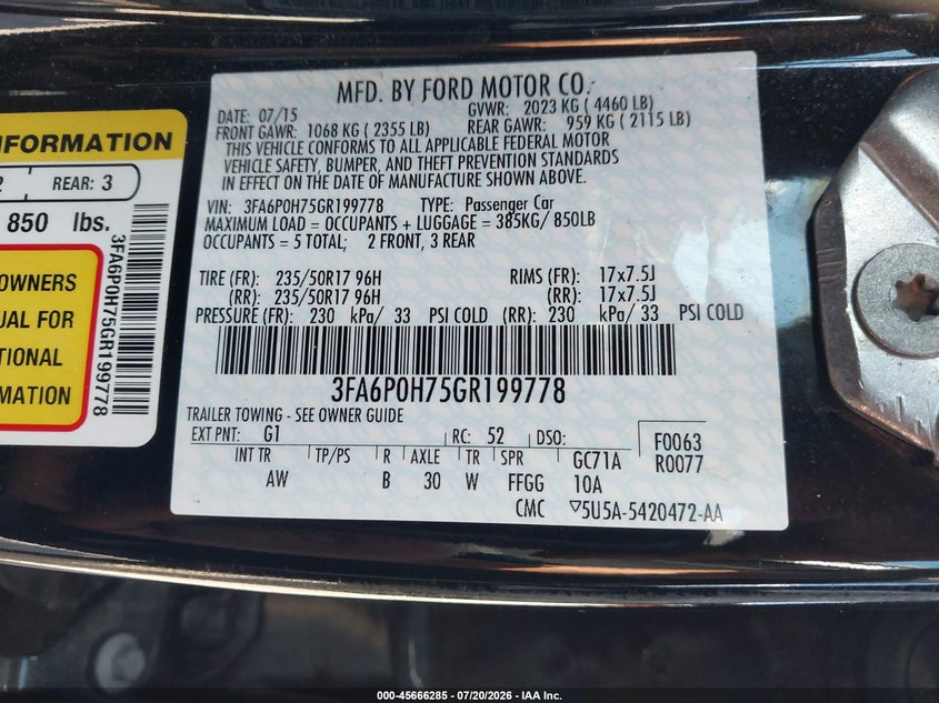 2016 Ford Fusion Se VIN: 3FA6P0H75GR199778 Lot: 45666285