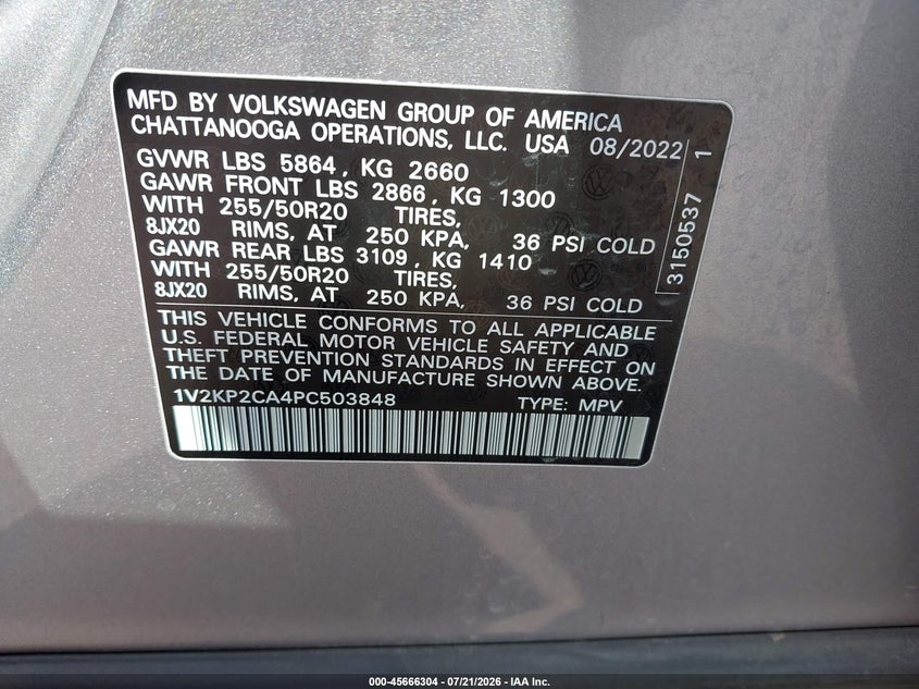 2023 Volkswagen Atlas 2.0T Se W/Technology VIN: 1V2KP2CA4PC503848 Lot: 45666304