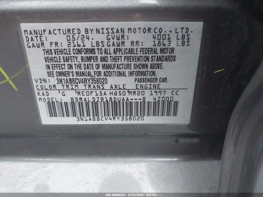 2024 Nissan Sentra Sv Xtronic Cvt VIN: 3N1AB8CV4RY358020 Lot: 45666323
