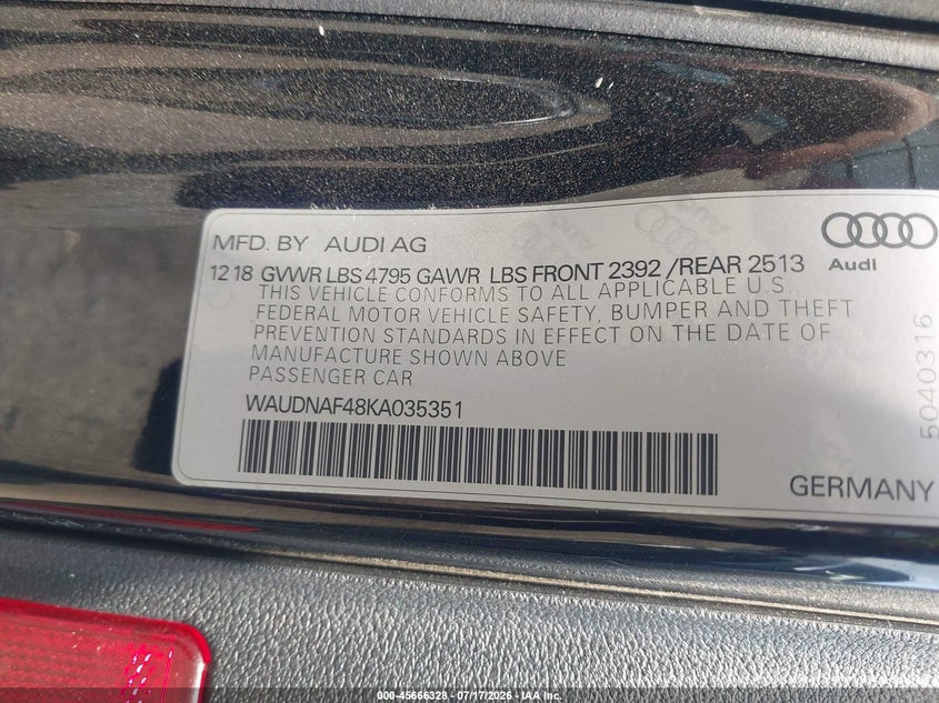 2019 Audi A4 45 Premium VIN: WAUDNAF48KA035351 Lot: 45666328