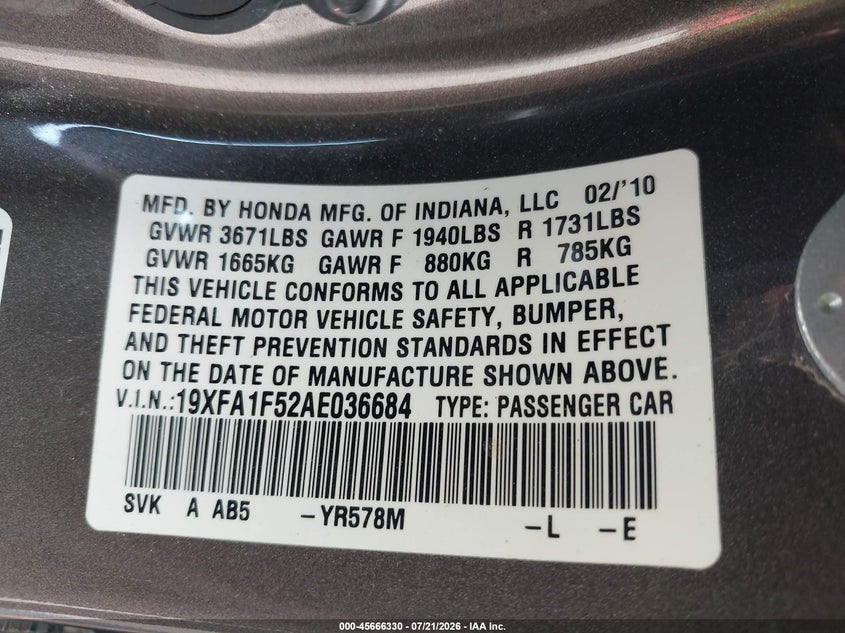2010 Honda Civic Lx VIN: 19XFA1F52AE036684 Lot: 45666330