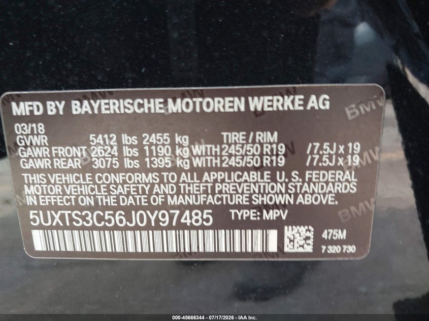 2018 BMW X3 M40I VIN: 5UXTS3C56J0Y97485 Lot: 45666344
