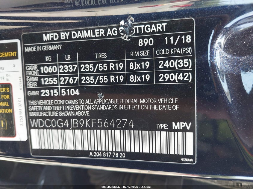 2019 Mercedes-Benz Glc 300 VIN: WDC0G4JB9KF564274 Lot: 45666347