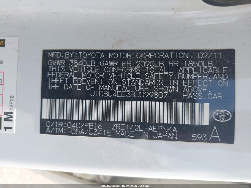 2011 Toyota Corolla Le VIN: JTDBU4EE3BJ099807 Lot: 45666362