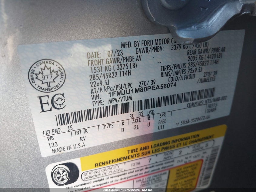 2023 Ford Expedition Platinum VIN: 1FMJU1M80PEA56074 Lot: 45666367