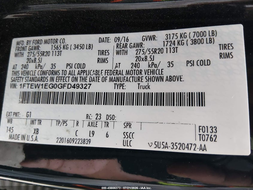 2016 Ford F-150 Xlt VIN: 1FTEW1EG0GFD49327 Lot: 45666373