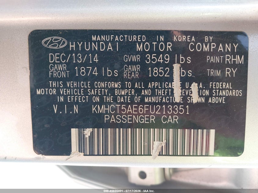2015 Hyundai Accent Gs VIN: KMHCT5AE6FU213351 Lot: 45666401