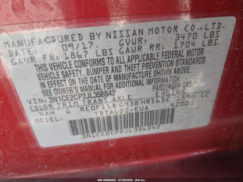 2018 Nissan Versa Note Sv VIN: 3N1CE2CP2JL356542 Lot: 45666404