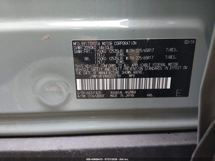 2019 Toyota Rav4 Xle VIN: JTMP1RFVXKD022781 Lot: 45666410