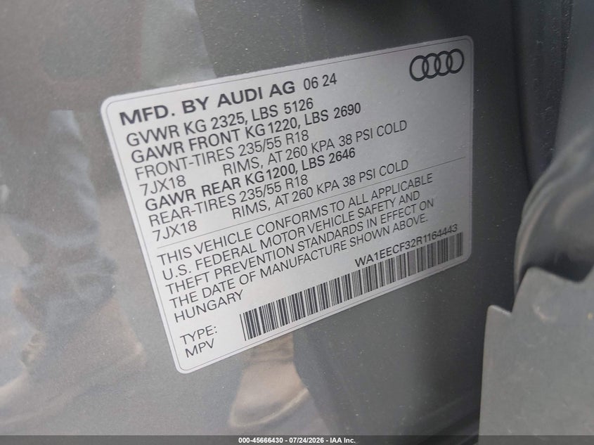 AUDI Q3 2024 VIN WA1EECF32R1164443